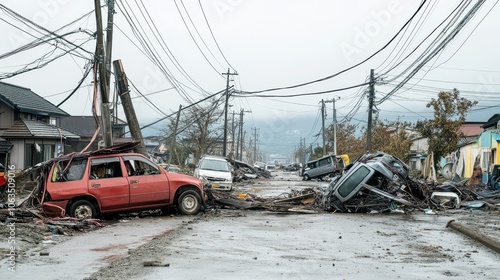 Damaged Vehicles and Power Lines After Severe Weather