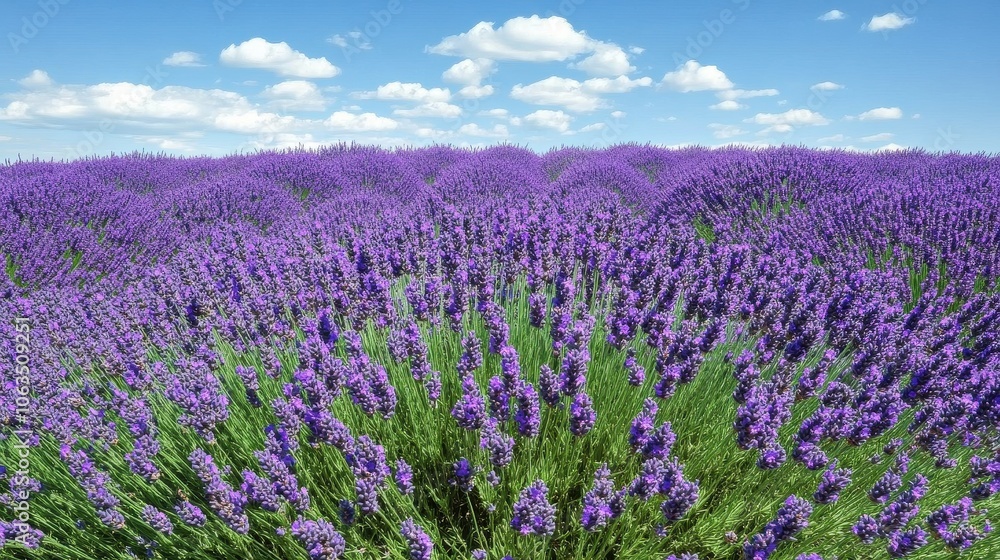 Lavender field stretching toward the horizon, vivid purple blossoms reaching up to meet a pristine sky; the setting evokes the refreshing, cool climate of a countryside. Lavender field stretching toward the horizon, vivid purple blossoms reaching up to meet a pristine sky; the setting evokes the refreshing, cool climate of a countryside.