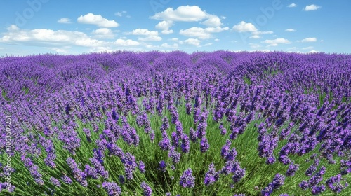 Lavender field stretching toward the horizon, vivid purple blossoms reaching up to meet a pristine sky; the setting evokes the refreshing, cool climate of a countryside.