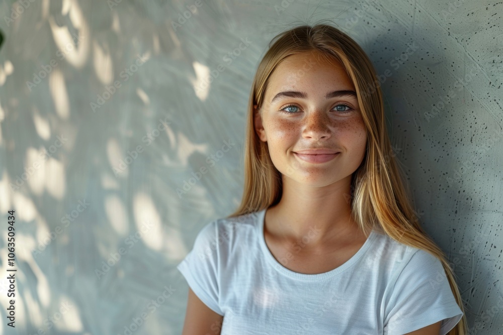 Portrait of a smiling young woman with long hair standing against a textured wall. The natural light creates a play of shadows on the wall.