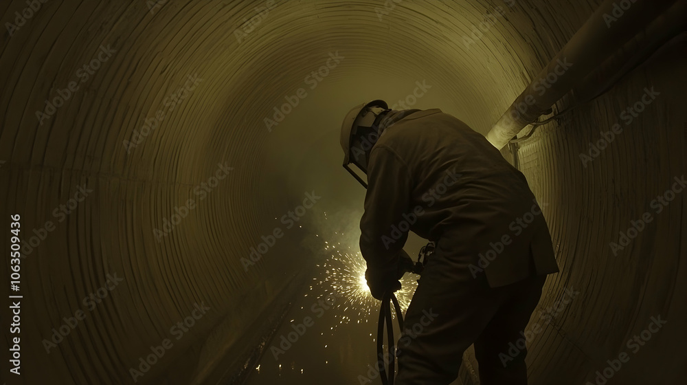 Fototapeta premium Worker Welding in Tunnel, underground, construction, repair, maintenance, safety