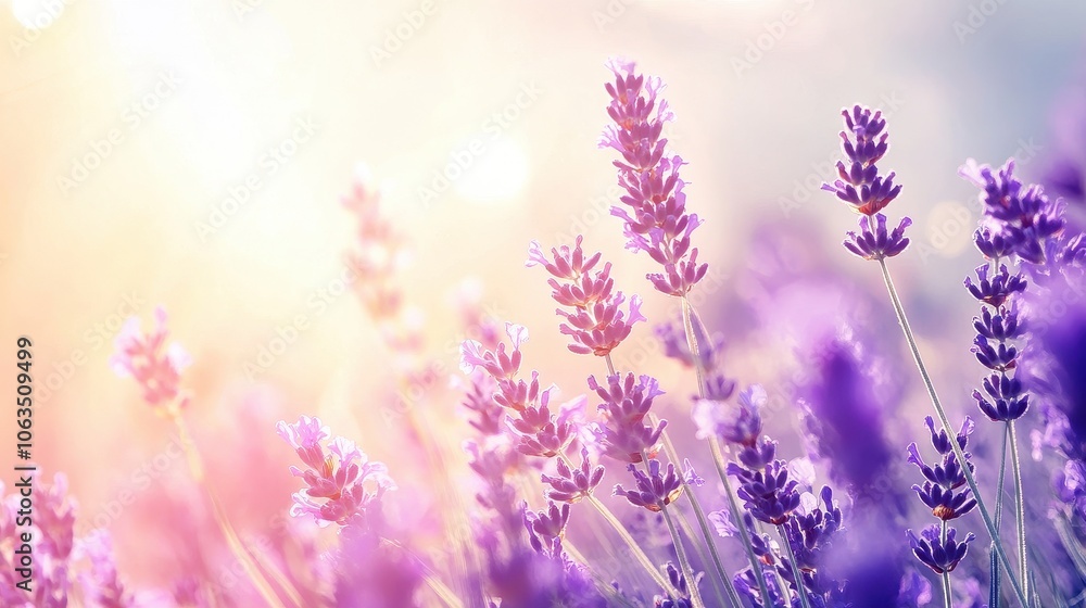 Naklejka premium Lush lavender field with vibrant purple blooms under a bright sky, creating a refreshing, cool landscape perfect for showcasing the beauty of a tranquil countryside.