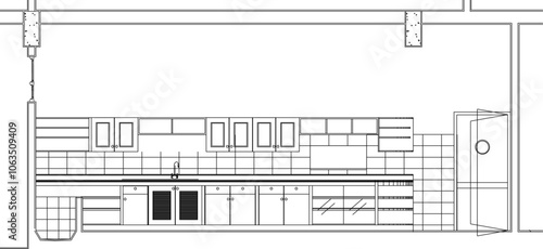 Vector sketch illustration silhouette design drawing architectural engineering classic vintage kitchen interior