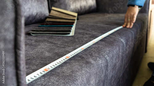 A beautiful female salesperson is measuring a sofa with a tape measure. Fabric samples on the sofa.