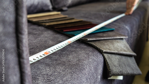 A beautiful female salesperson is measuring a sofa with a tape measure. Fabric samples on the sofa.