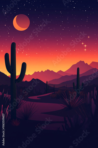 A desert landscape with a large sun in the sky. The sun is setting and the sky is a beautiful mix of orange and purple. Mountain in the background. 