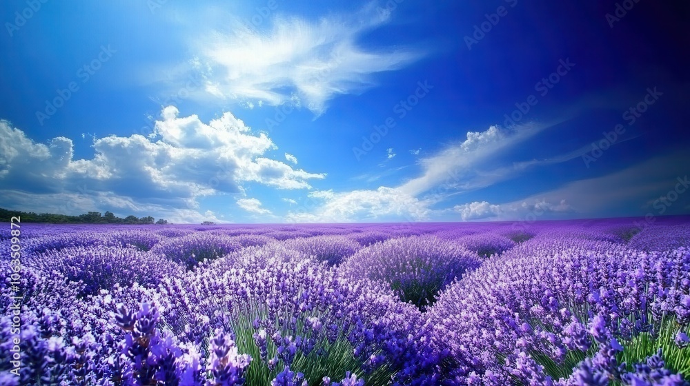 Naklejka premium Vibrant lavender field under a perfect sky, the deep purple hues contrasting beautifully with the bright blue above, capturing the essence of a cool, refreshing day.