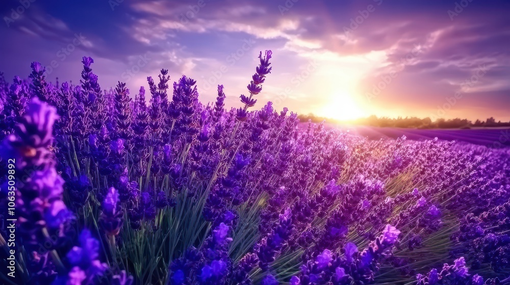 Obraz premium Vibrant lavender field under a perfect sky, the deep purple hues contrasting beautifully with the bright blue above, capturing the essence of a cool, refreshing day.