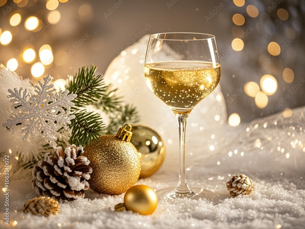 Winter holiday glass of white wine and glowing snow on background, Christmas time romance