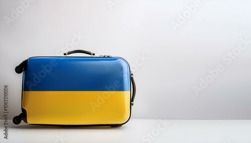 ウクライナの国旗のスーツケース。(Ukraine flag on a stylish suitcase and copy space.) 