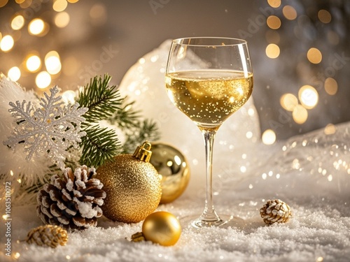 Obraz na płótnie Winter holiday glass of white wine and glowing snow on background, Christmas time romance w salonie