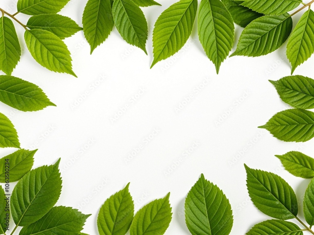 Green leaves on white background as botanical frame flatlay, eco design and spring nature flat lay concept