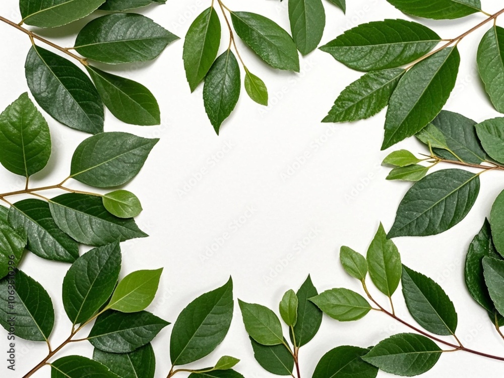 Green leaves on white background as botanical frame flatlay, eco design and spring nature flat lay concept