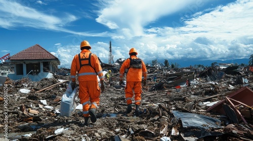 Rescue Workers Searching Through Debris After Disaster