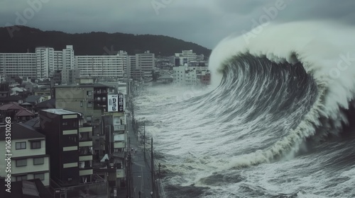 Powerful Tsunami Wave Engulfing Urban Landscape photo