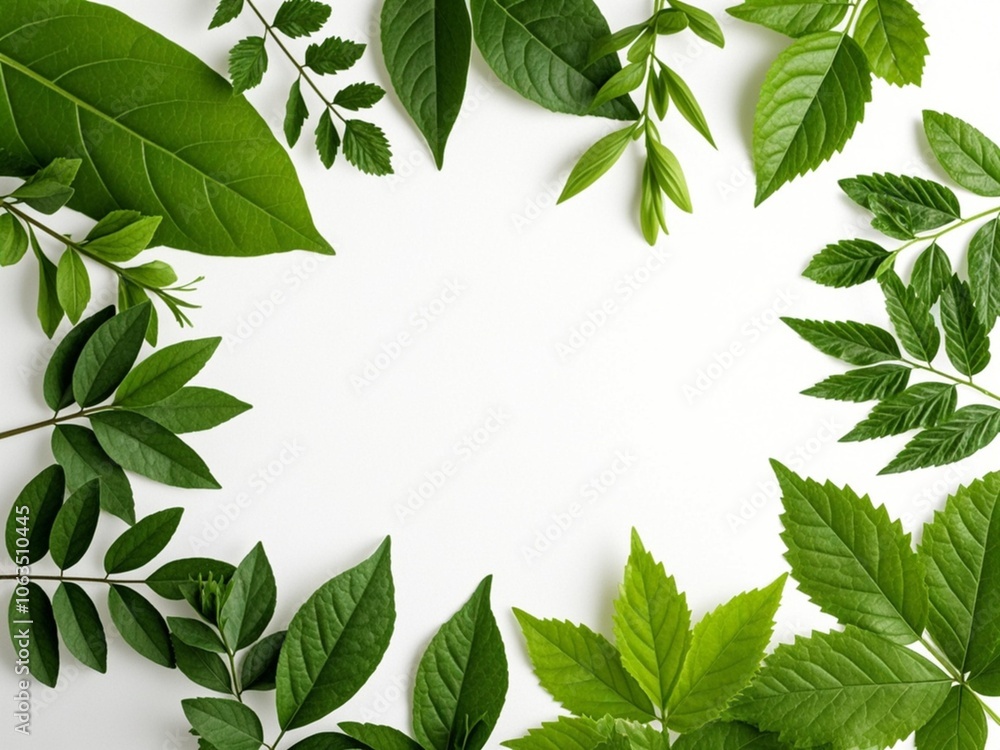 Green leaves on white background as botanical frame flatlay, eco design and spring nature flat lay concept