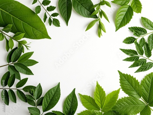 Obraz na płótnie Green leaves on white background as botanical frame flatlay, eco design and spring nature flat lay concept w salonie
