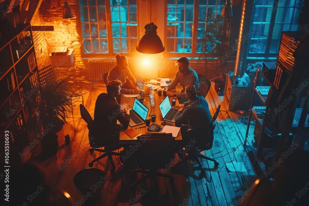 Top view of a corporate business team working around a wooden table in a cozy office setting with warm lighting and a collaborative atmosphere. Top view of a corporate business team working around a wooden table in a cozy office setting with warm lighting and a collaborative atmosphere.