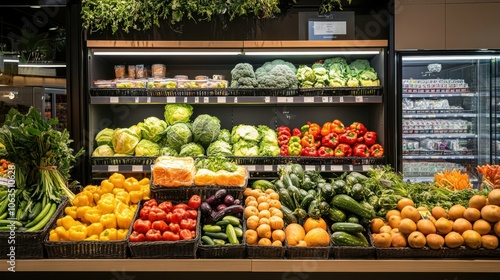 Raw fresh vegetables and fruits assortment on counter in supermarket