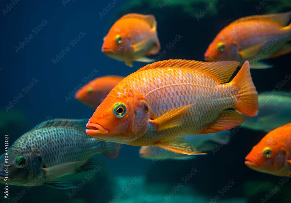 Group of nile tilapia fish swimming in the ocean, underwater, closeup shot. Group of nile tilapia fish swimming in the ocean, underwater, closeup shot.