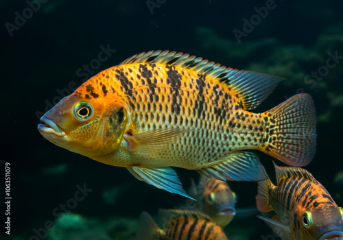 Group of nile tilapia fish swimming in the ocean, underwater, closeup shot.