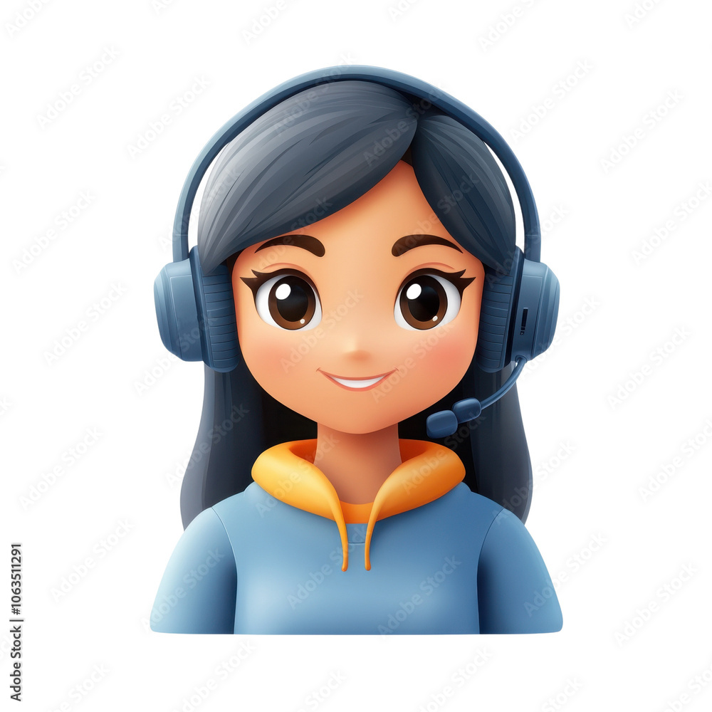 Cheerful woman with headphones, wearing a blue hoodie, smiling confidently at the camera, suitable for various online communication themes. Cheerful woman with headphones, wearing a blue hoodie, smiling confidently at the camera, suitable for various online communication themes.