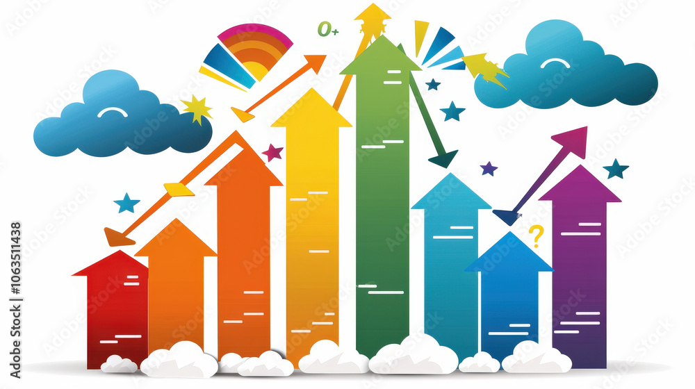 Colorful bar chart with bold data points indicating growth and progress, featuring arrows and whimsical elements like clouds and stars. This vibrant illustration symbolizes success and positive Colorful bar chart with bold data points indicating growth and progress, featuring arrows and whimsical elements like clouds and stars. This vibrant illustration symbolizes success and positive