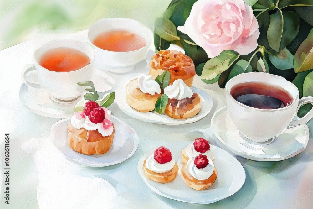 Delicious pastries and tea arranged on a table with flowers in the background. Delicious pastries and tea arranged on a table with flowers in the background.