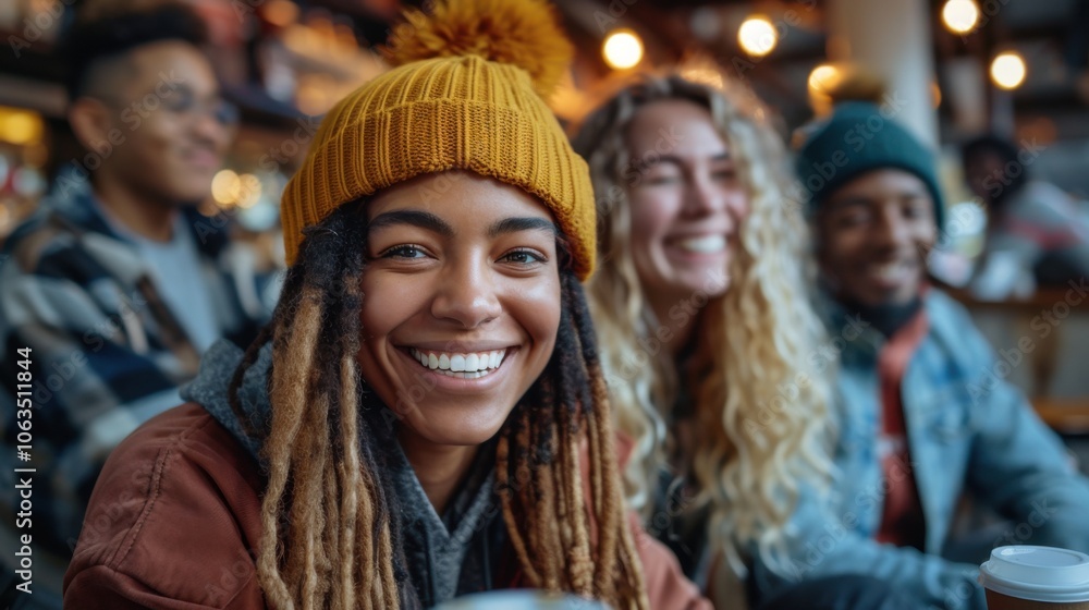 A group of young friends enjoying their time at a cozy café, smiling and laughing together. The atmosphere is warm and lively, reflecting their joyful mood. A group of young friends enjoying their time at a cozy café, smiling and laughing together. The atmosphere is warm and lively, reflecting their joyful mood.