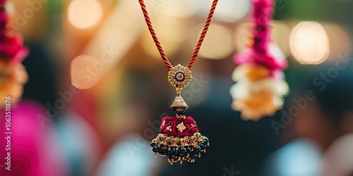 A mangalsutra is a ceremonial thread that married women in India wear, symbolizing their marital status and cultural significance. photo