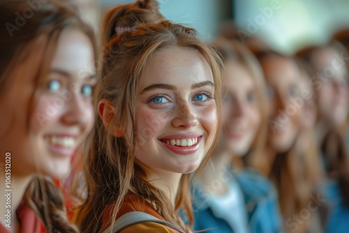 A smiling girl with blue eyes is talking with classmates in a brightly lit classroom, creating a joyful and friendly atmosphere.