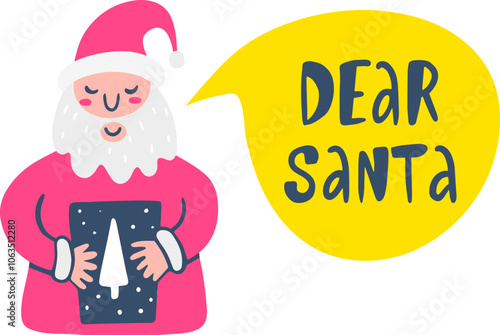 Santa Claus with wishlist and dear santa lettering