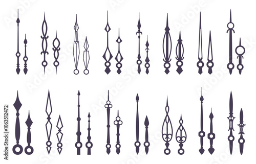 Vintage analog clock hands. Antiques carved time pointers. Long and short watches arrows. Retro elegant design. Decorative shapes. Seconds or minutes dial. Vector timer elements set