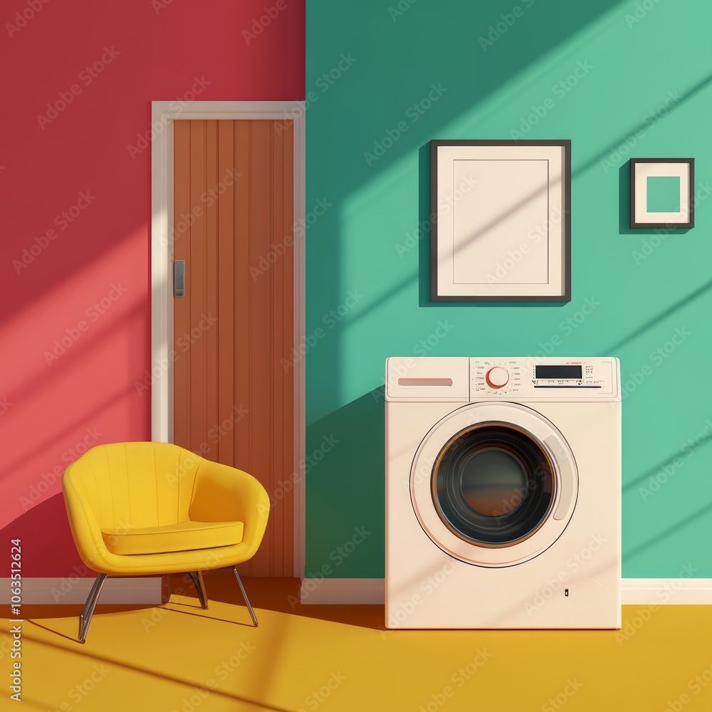 A modern laundry room featuring a washing machine and colorful walls. A modern laundry room featuring a washing machine and colorful walls.