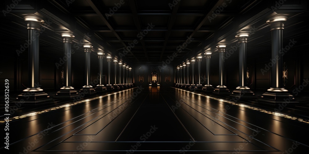 A black and gold hallway with rows of ornate columns and a gleaming floor, creating a dramatic and elegant architectural space. A black and gold hallway with rows of ornate columns and a gleaming floor, creating a dramatic and elegant architectural space.
