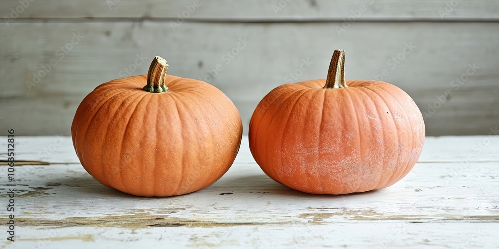 Pumpkins of the autumn season placed on a rustic white wooden table emphasize the charm and beauty of falls harvest. These autumnal pumpkins create a delightful scene. Pumpkins of the autumn season placed on a rustic white wooden table emphasize the charm and beauty of falls harvest. These autumnal pumpkins create a delightful scene.