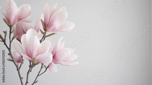 Blooming magnolia flowers arranged in a vase create a stunning visual on a white background. This natural floral display offers a beautiful backdrop with ample copy space.