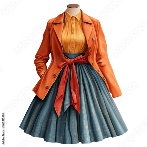 Stylish women's outfit featuring an orange jacket, yellow shirt, and blue skirt, ideal for fashion enthusiasts and designers. photo