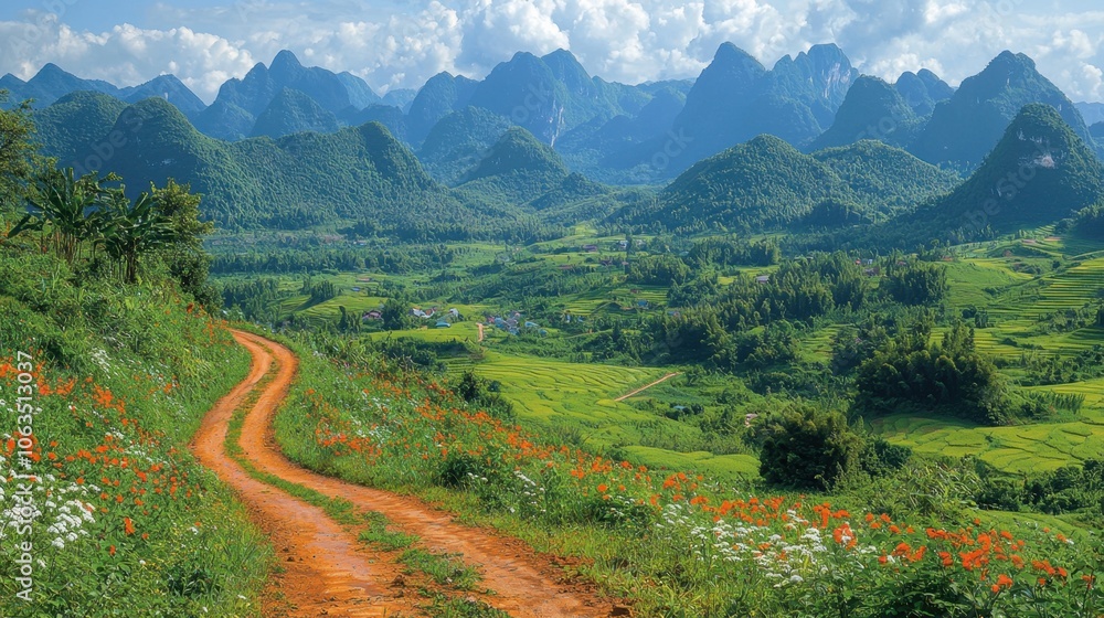 Winding Dirt Road Through Serene Mountain Valley Landscape Winding Dirt Road Through Serene Mountain Valley Landscape