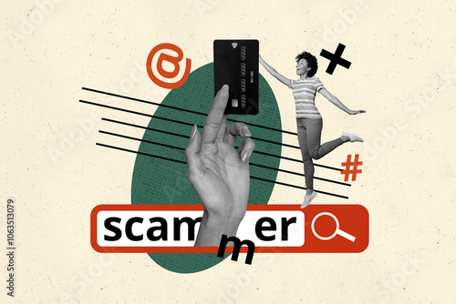 Composite trend artwork sketch image photo collage of hacker data password scammer hand hold credit bank card steal money young lady stand