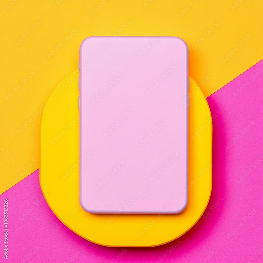 A pink smartphone on a colorful background of yellow and pink. A pink smartphone on a colorful background of yellow and pink.