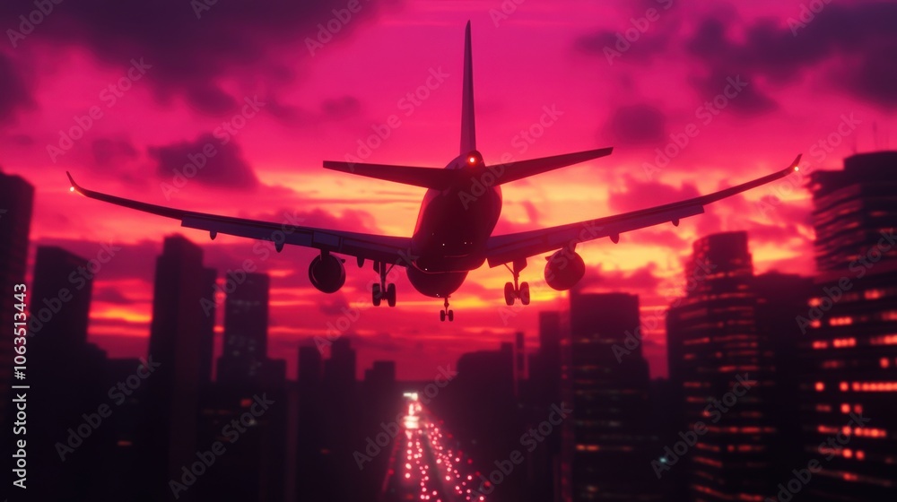Silhouette of airplane landing against vibrant sunset sky over city skyline, creating a dramatic and colorful evening scene. Silhouette of airplane landing against vibrant sunset sky over city skyline, creating a dramatic and colorful evening scene.