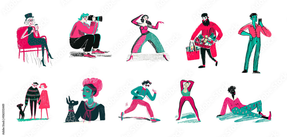 Naklejka premium A set of cartoon drawings of people in green and red hues isolated on white. A collection of men and women doing everyday activities and daily routines. AI-generated illustrations