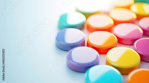 Colorful round buttons in a variety of bright hues are arranged harmoniously on a clean white surface, enhanced by soft illumination, creating a visually appealing composition with ample photo space.