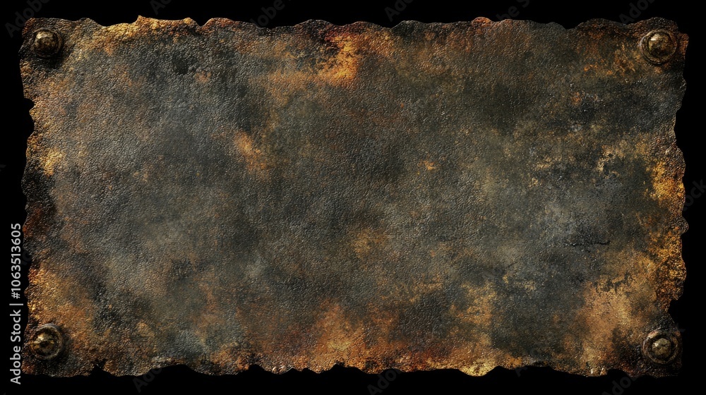 Naklejka premium Old weathered copper metal texture reveals a grungy, rusty appearance against a dark black background. This industrial metal texture is ideal for poster designs, offering ample space for text.