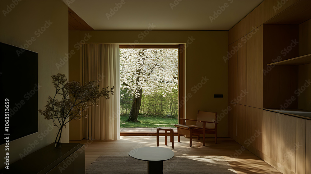Fototapeta premium Minimalist Living Room with Natural Light and View of Spring Tree, interior design, modern, contemporary, wood, wooden