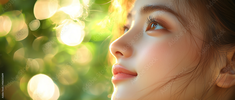 Fototapeta premium woman gazes upward with serene expression, surrounded by soft, glowing bokeh lights and lush greenery, creating dreamy and peaceful atmosphere