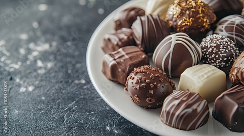 Chocolate arranged on a white plate captures the essence of celebration. This chocolate delights the eye while offering ample copy space for text or branding.