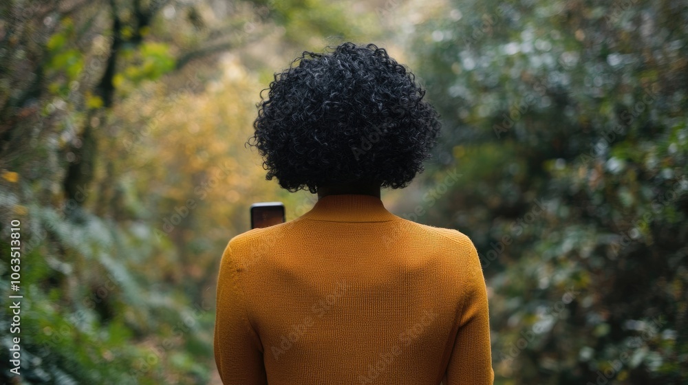Back view of a woman with short curly black hair using a smartphone in a natural setting. This image captures the essence of the moment, with ample space for photo style elements. Back view of a woman with short curly black hair using a smartphone in a natural setting. This image captures the essence of the moment, with ample space for photo style elements.