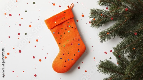 Mockup of an orange Christmas stocking adorned with fir tree branches and confetti, providing ample copy space. Ideal for New Year flat lay compositions and festive party invitations. photo